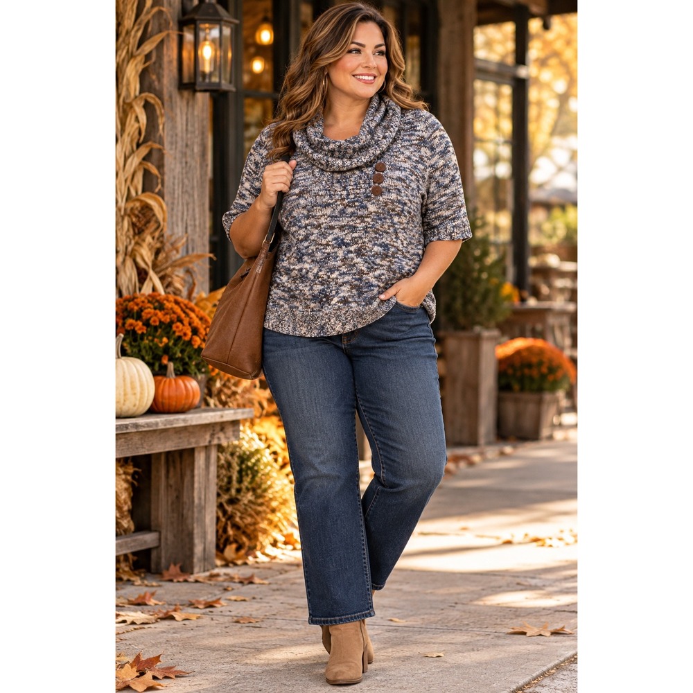 CJ Banks Womens 1X Blue Marled Cowl Neck Sweater Plus Size Fall Workwear
